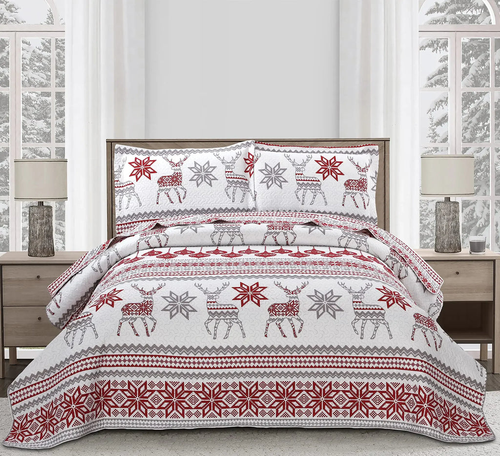 Christmas Quilt Set Queen Size Christmas Bedding Xmas Quilt Bedspread Coverlet Holiday Christmas Quilt Bedding Deer Snowflake Christmas Decor Quilt Soft Lightweight Christmas Quilt BeddingRed White