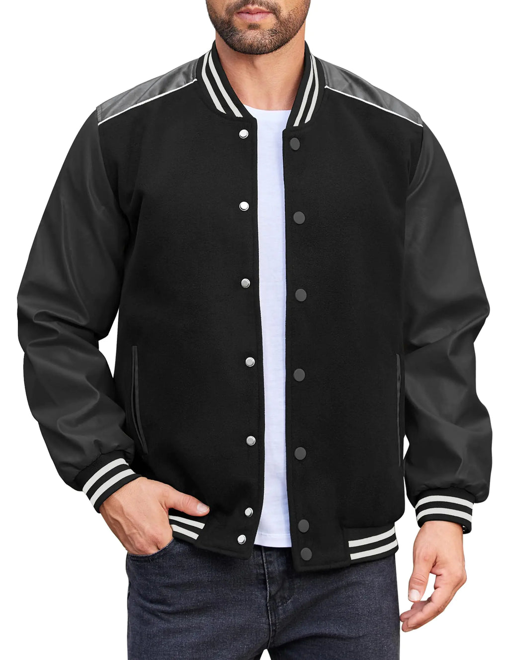 COOFANDY Mens Sweatshirts jacket Varsity Jacket Casual Baseball Bomber Jacket Black Leather Jacket Men Letterman Jacket