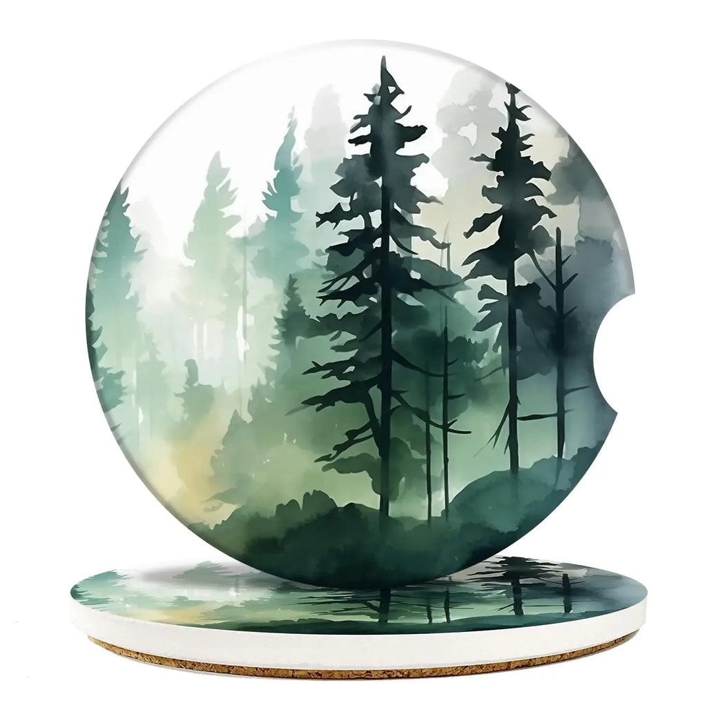 Britimes 2 Pack Car Coaster Absorbent Ceramic Stone Cork Base Drink Coasters 2.6 Inch Painting Tree Mountain Auto Accessories Cup Holders for Women & Men Car Decor